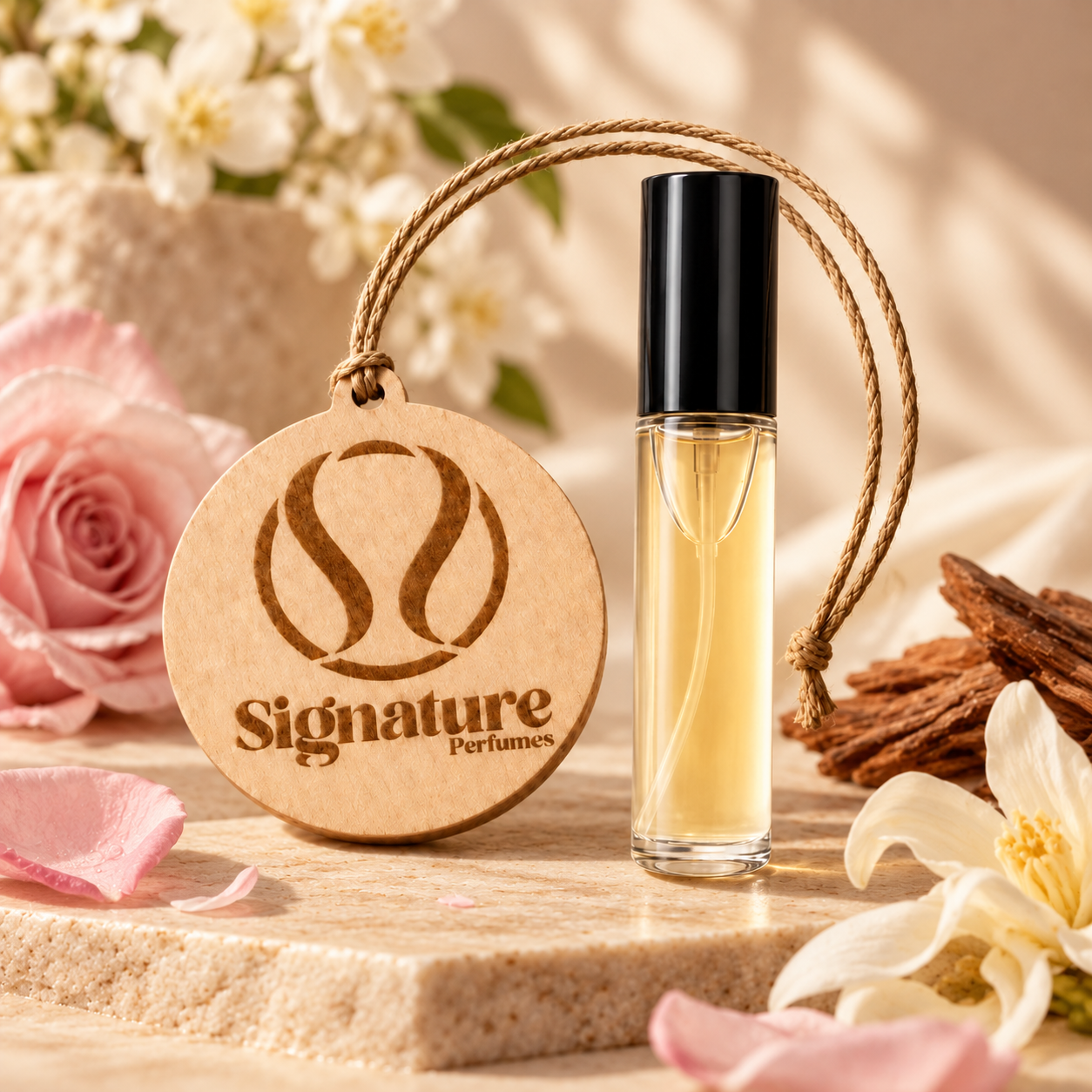 white geisha car wood White Geisha – Σετ Αρωματικού Αυτοκινήτου με Ξύλινο Κρεμαστό & Spray 10ml - Image 1